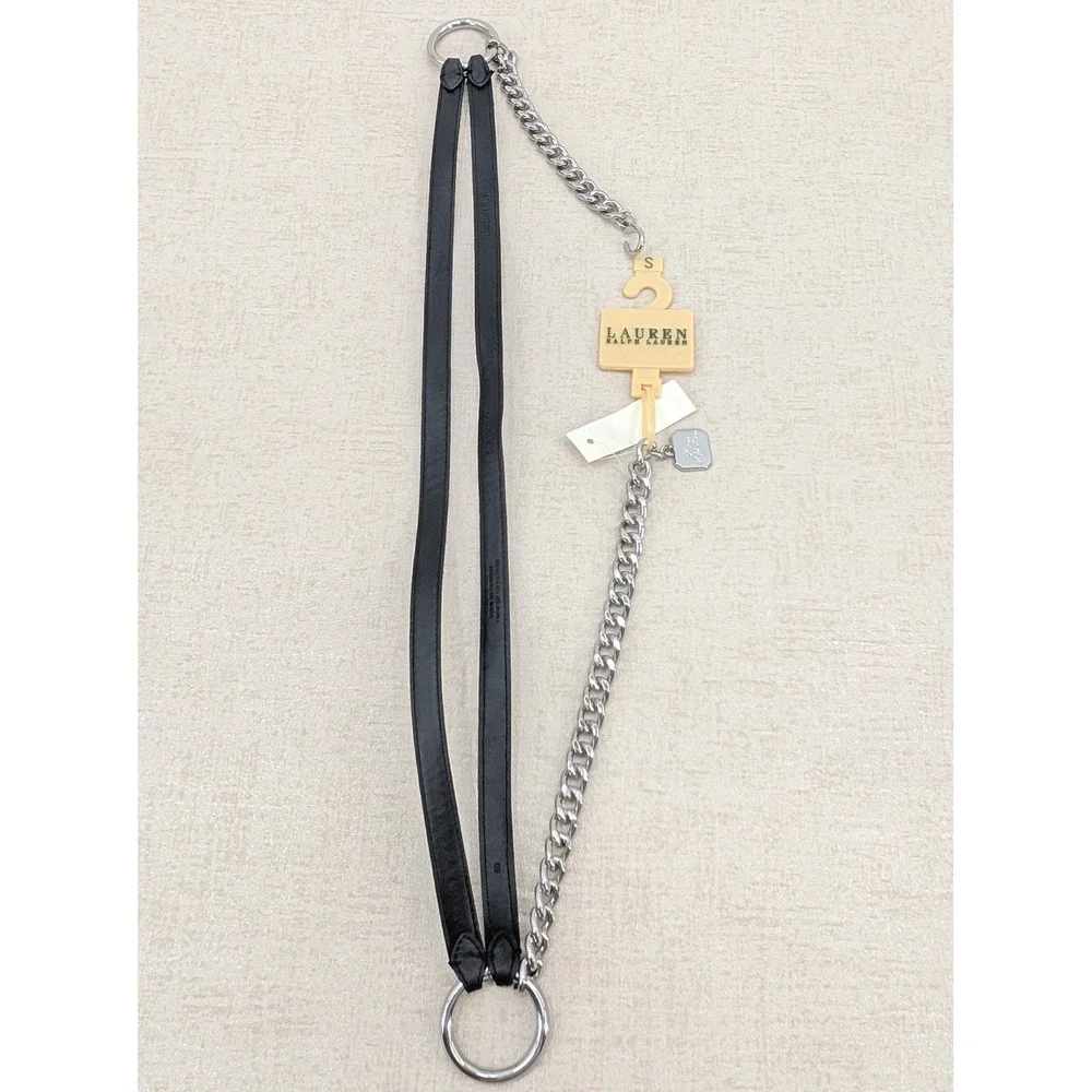 Lauren Ralph Lauren Black Leather Silver Chain Link Belt Small Charm Hook Clasp